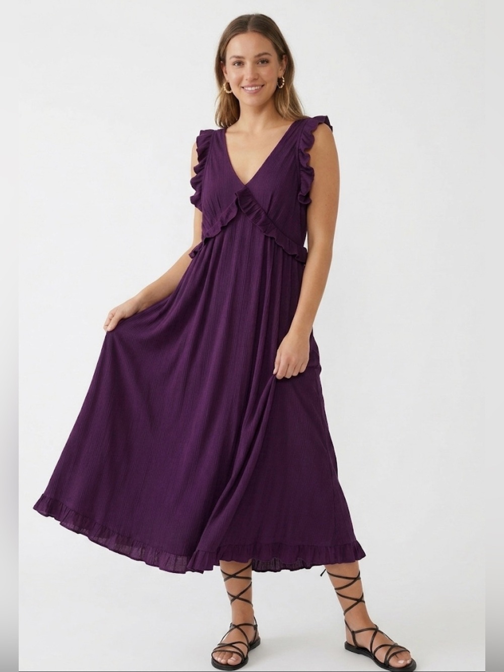 NWT Anthropologie Purple Ruffle Maxi Dress V-Neck Ribbed Size L